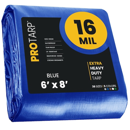 Protarp Heavy Duty Tarp, 6 ft x 8 ft, 16 Mil, Blue, Polyethylene, Waterproof, Rip and Tear Proof PT-105-6X8